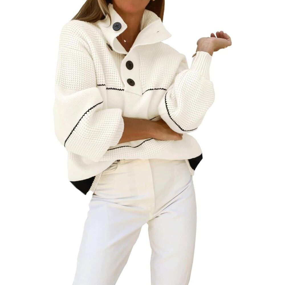 Womens Waffle Knit Sweater Striped Polo Collared Long Sleeve Pullover